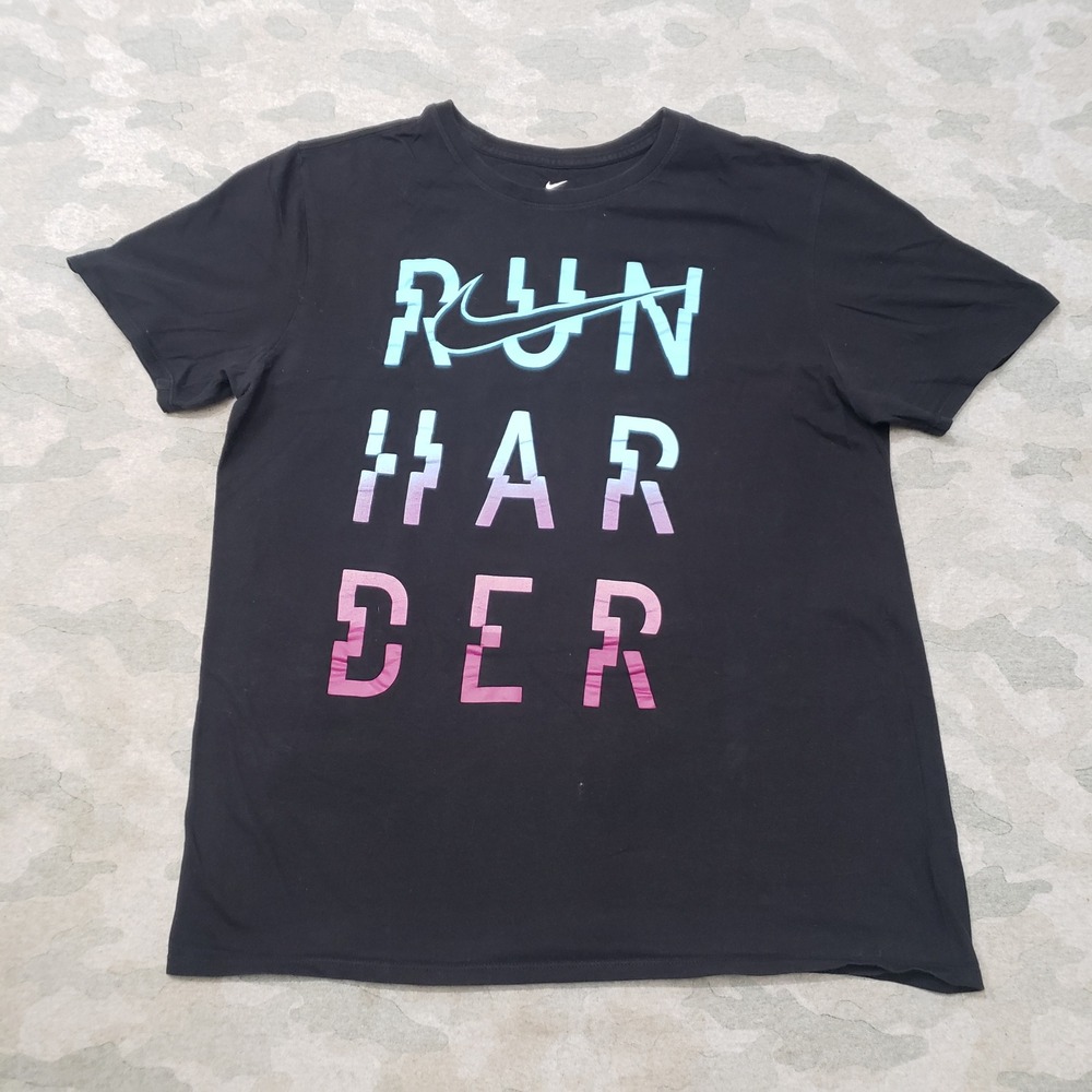 Nike Run Harder Top Womens Large Black Graphic Tee Athletic Short Sleeve